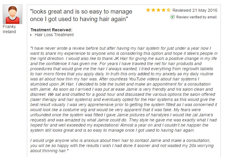 Franky Review of JK Hair Replacement on Whatclinic